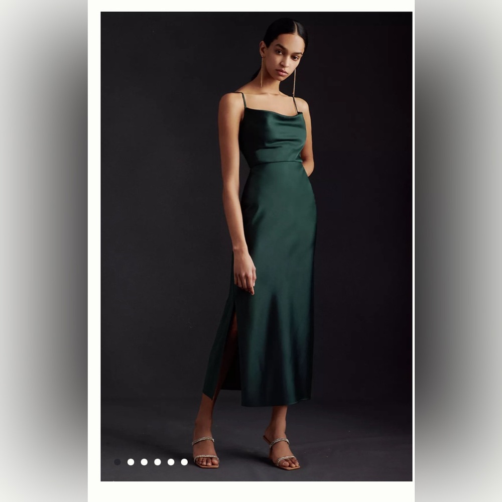 Emerald green BHLDN satin cowl slip midi dress